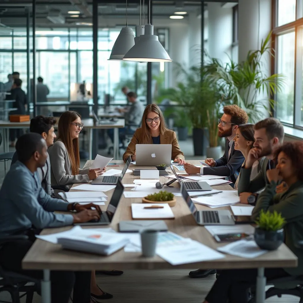 Equipo de consultores colaborando en una estrategia de negocio